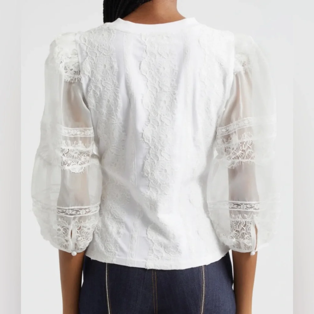 NWT Cinq à Sept White Lace Stefania Trim Shirt 3/4 Sleeve Blouse Size XS - Picture 2 of 12